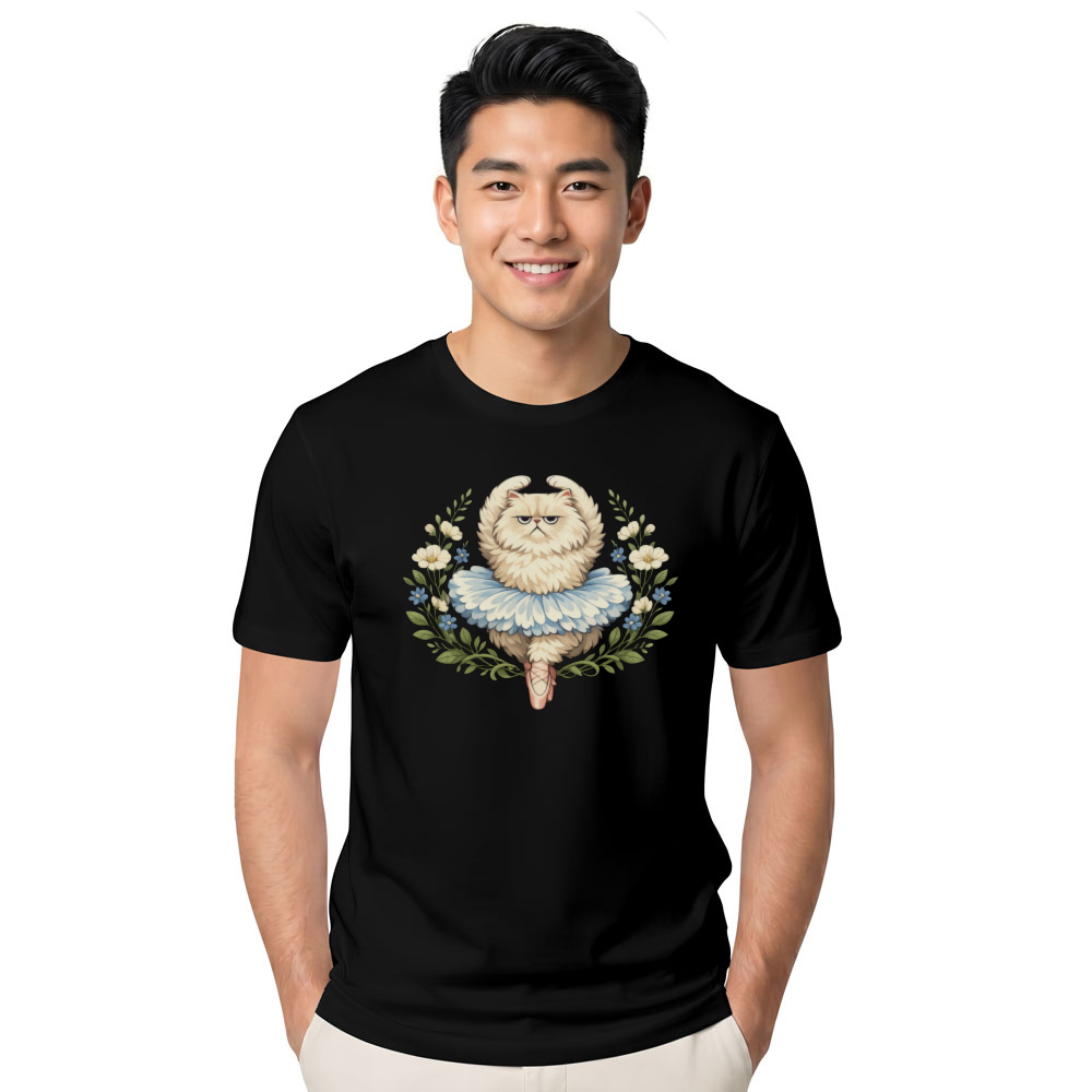Whimsical Reluctant Persian Cat Ballerina in a Botanical Illustration Graphic T-Shirt