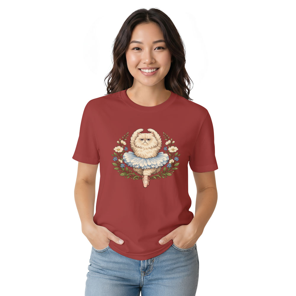 Whimsical Reluctant Persian Cat Ballerina in a Botanical Illustration Graphic T-Shirt