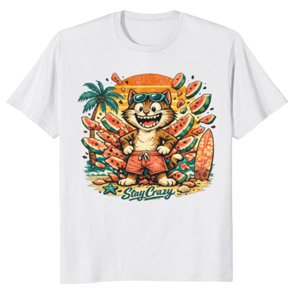 Shocked Cartoon Cat Graphic T-Shirt - Ironic Summer Streetwear for Gen Z & Millennials
