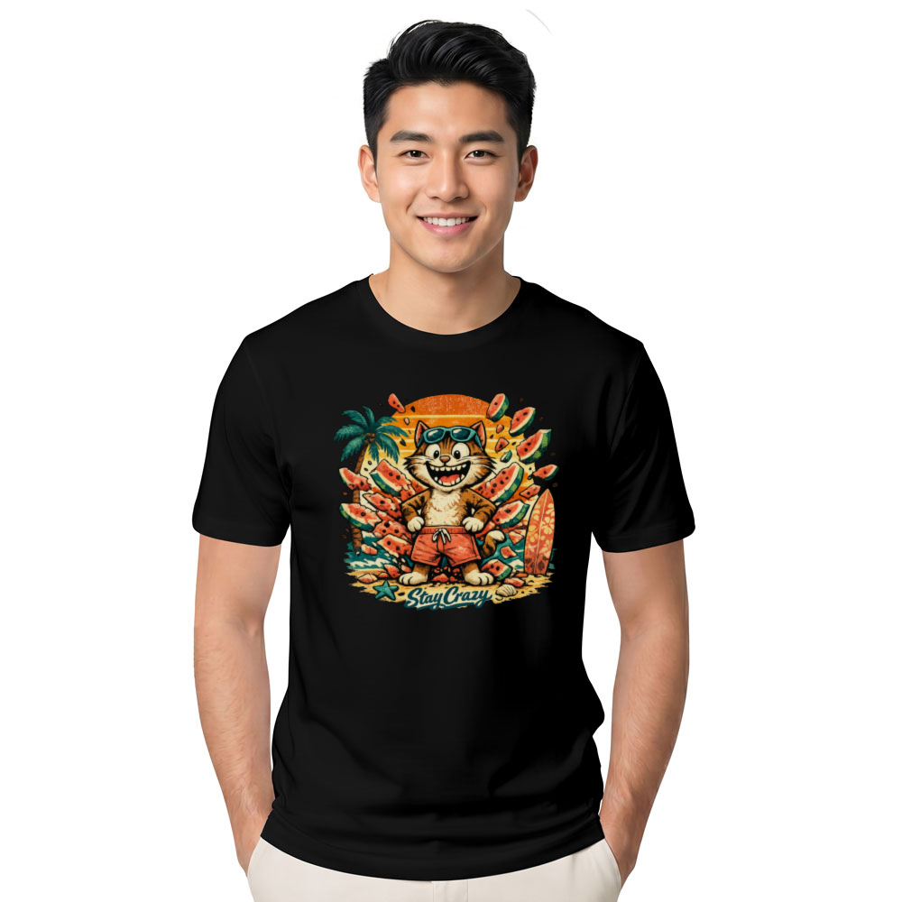 Retro Cat on a Watermelon Surf Break T-Shirt