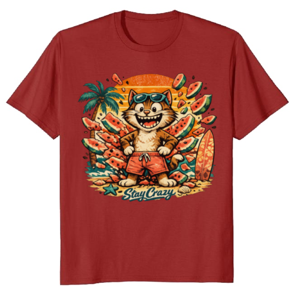 Retro Cat on a Watermelon Surf Break T-Shirt