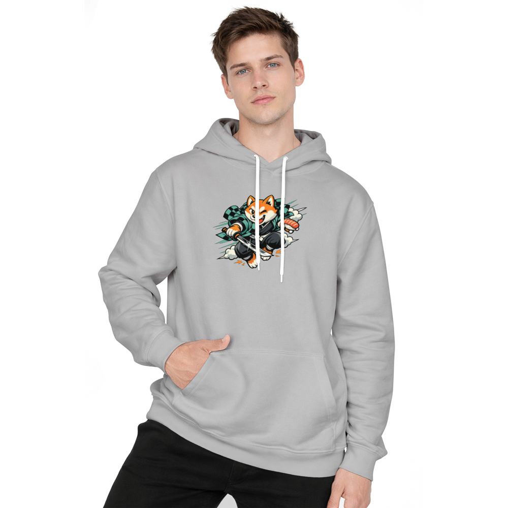 Retro Shiba Samurai Charging Through a Sushi Scene Pullover Hoodie