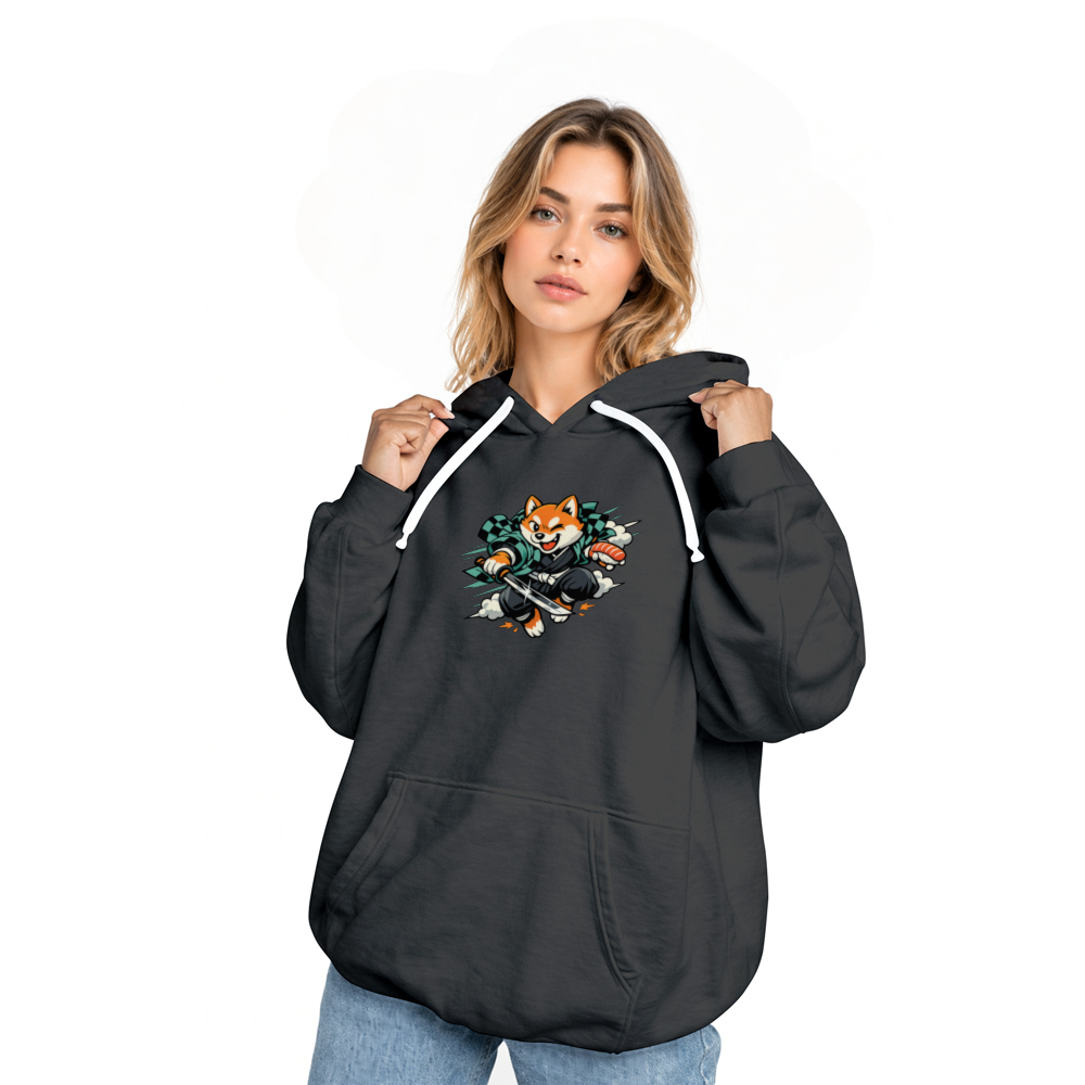 Retro Shiba Samurai Charging Through a Sushi Scene Pullover Hoodie