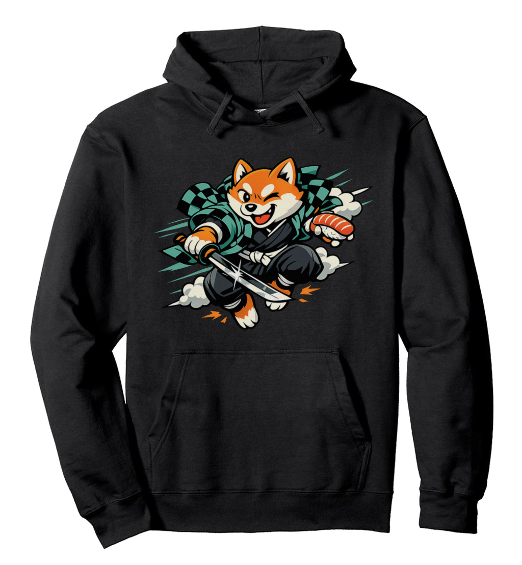 Retro Shiba Samurai Charging Through a Sushi Scene Pullover Hoodie