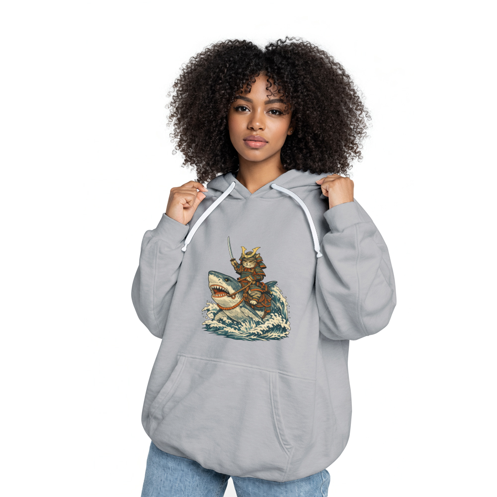 Confident Cat Ukiyo-e Samurai Riding Shark Pullover Hoodie - Fans Of Japanese Culture