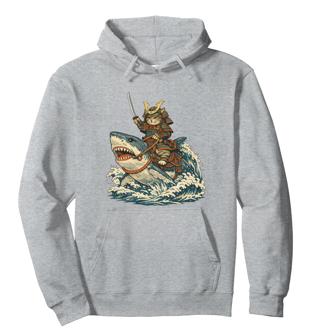 Confident Cat Ukiyo-e Samurai Riding Shark Pullover Hoodie - Fans Of Japanese Culture