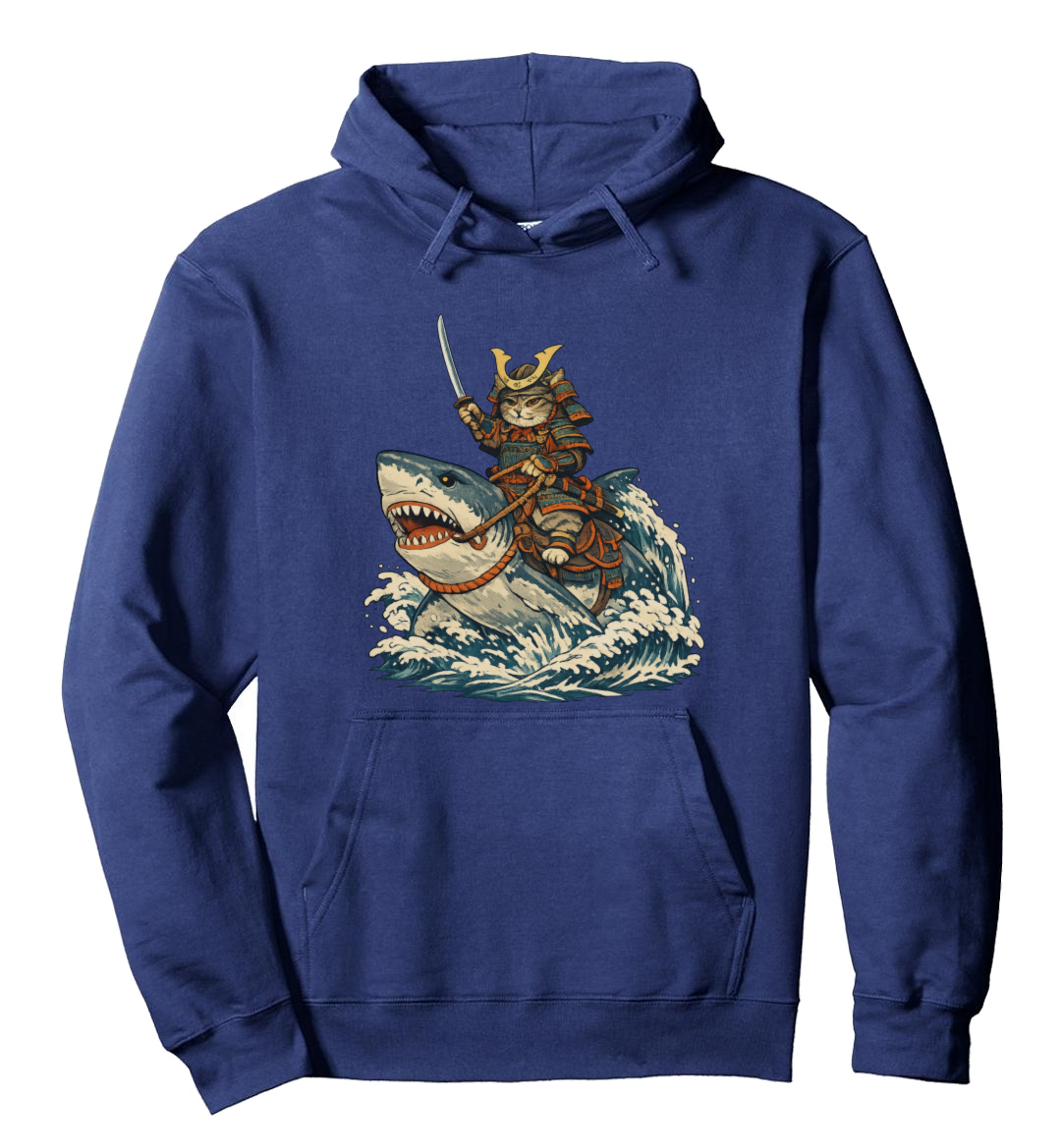 Confident Cat Ukiyo-e Samurai Riding Shark Pullover Hoodie - Fans Of Japanese Culture
