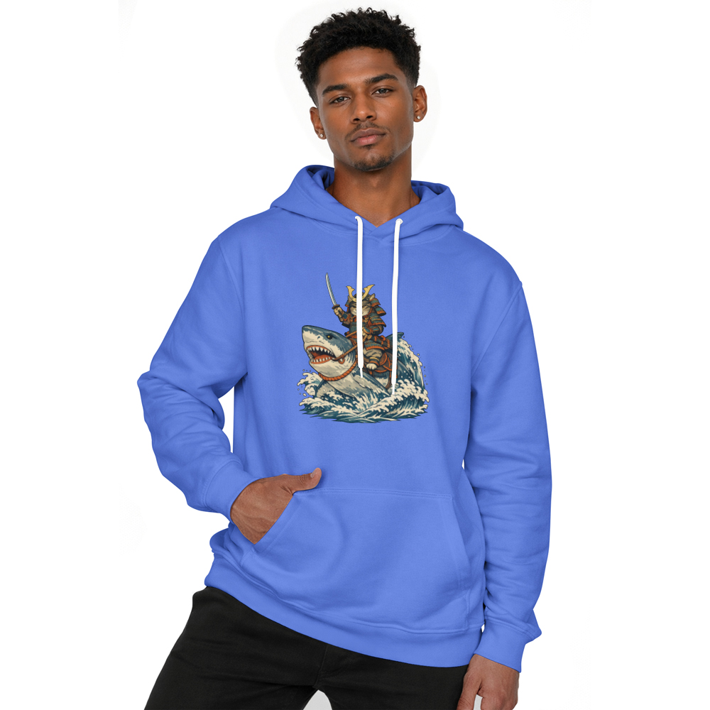 Confident Cat Ukiyo-e Samurai Riding Shark Pullover Hoodie - Fans Of Japanese Culture