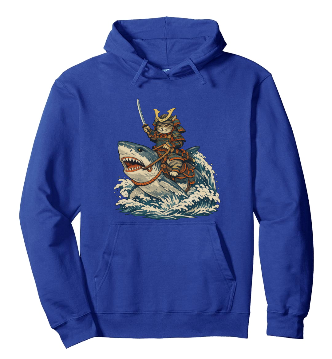 Confident Cat Ukiyo-e Samurai Riding Shark Pullover Hoodie - Fans Of Japanese Culture