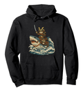 Confident Cat Ukiyo-e Samurai Riding Shark Pullover Hoodie - Fans Of Japanese Culture