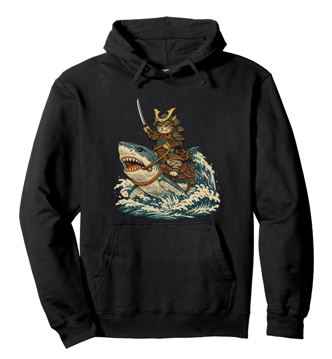 Confident Cat Ukiyo-e Samurai Riding Shark Pullover Hoodie - Fans Of Japanese Culture