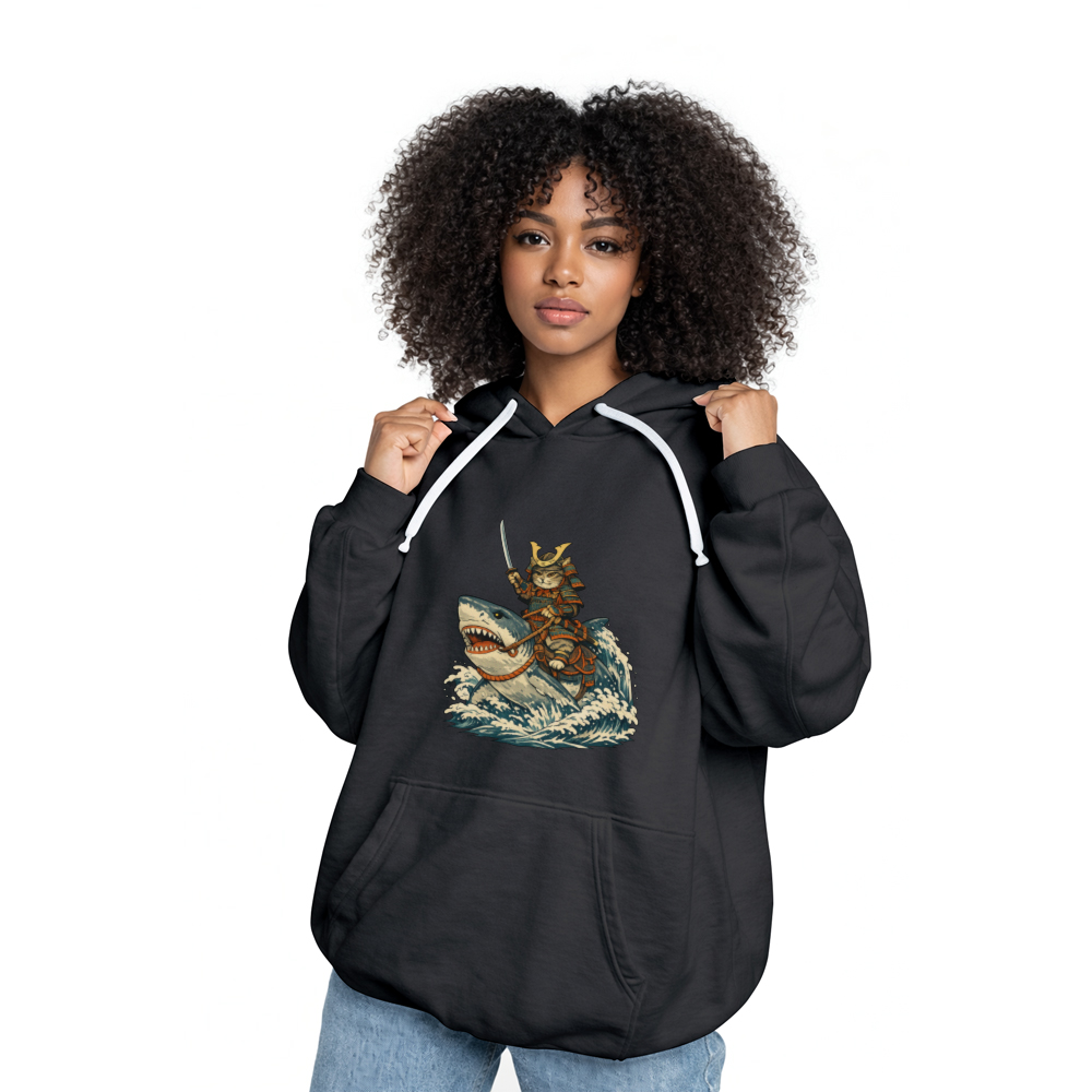 Confident Cat Ukiyo-e Samurai Riding Shark Pullover Hoodie - Fans Of Japanese Culture