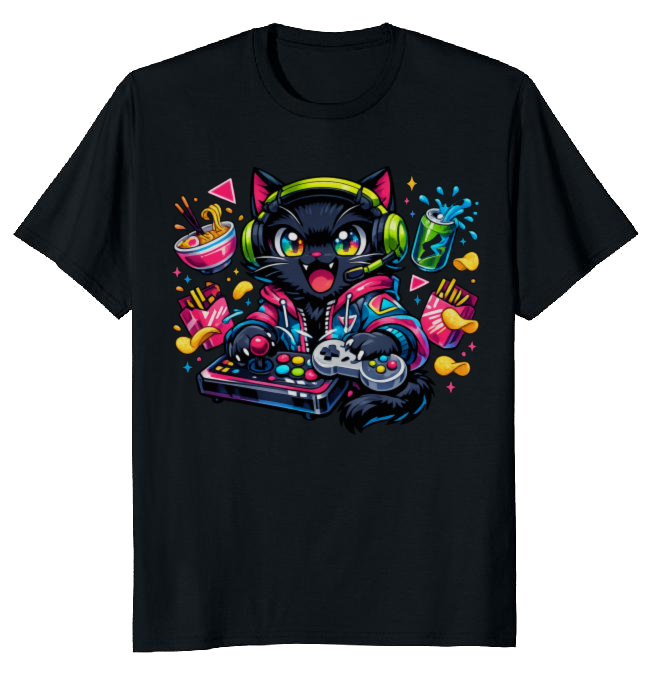 Neon Neko Retro Otaku Gamer Arcade Mascot Graphic T-Shirt
