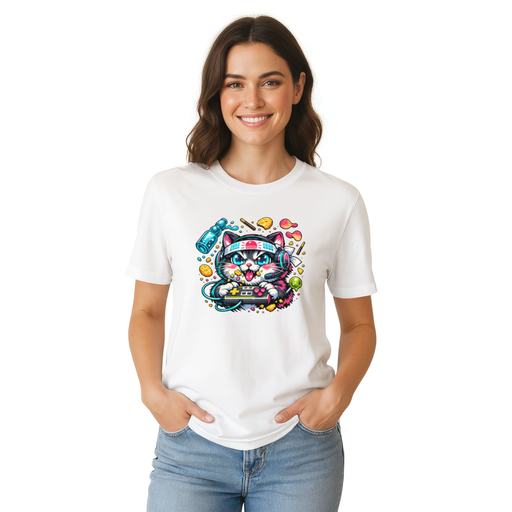 Synthwave Neko Gamer With Late-Night Snacks Arcade Graphic T-Shirt