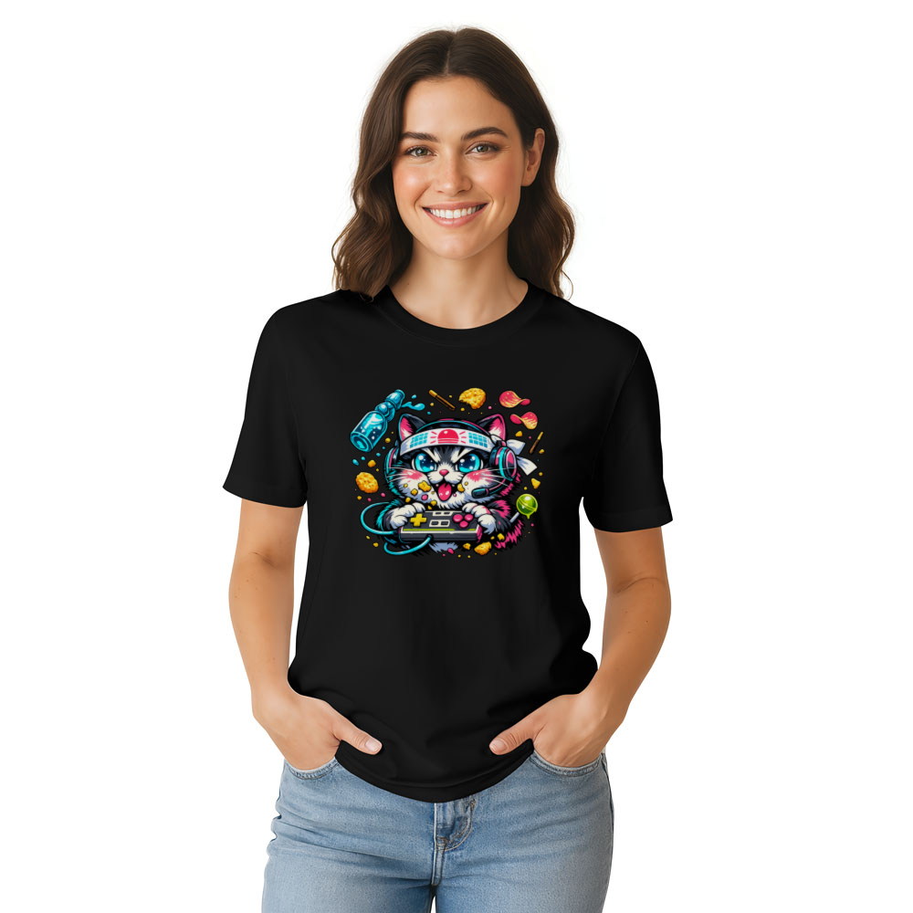 Synthwave Neko Gamer With Late-Night Snacks Arcade Graphic T-Shirt
