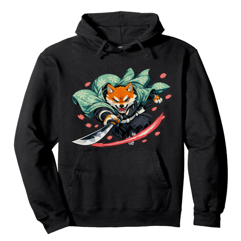 Retro Shiba Inu in a Samurai Sneak Attack Illustration Pull Over Hoodie