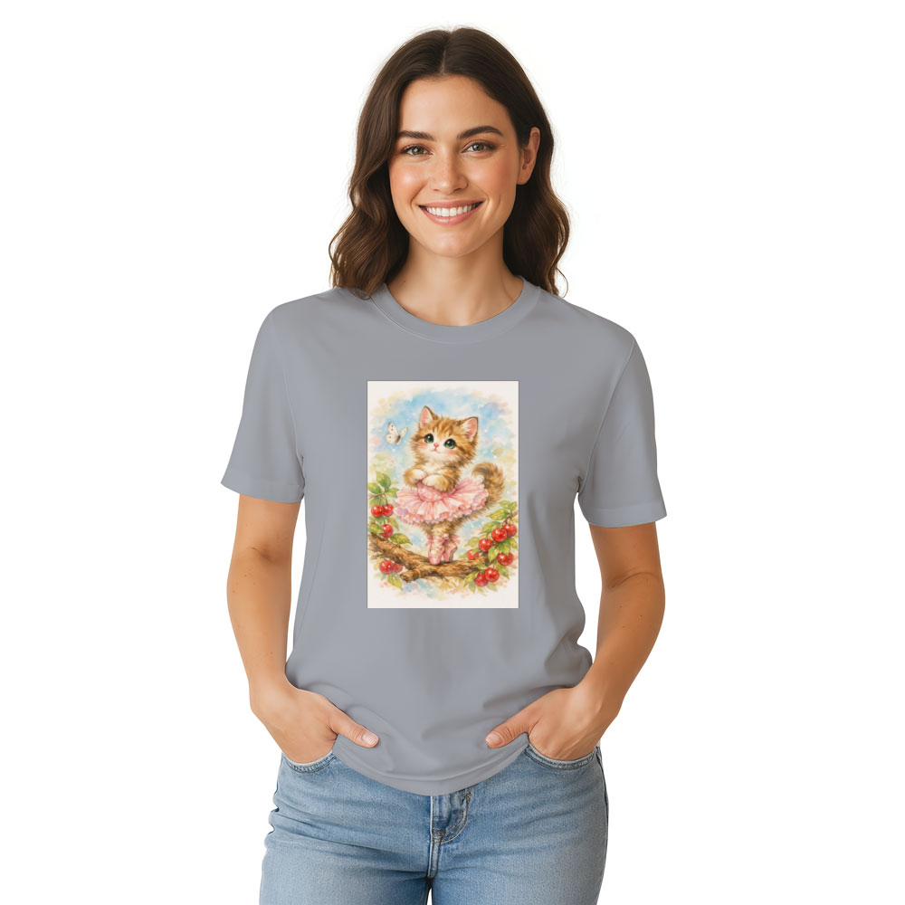 Kawaii Cat Ballerina Under Sakura Petals T-Shirt
