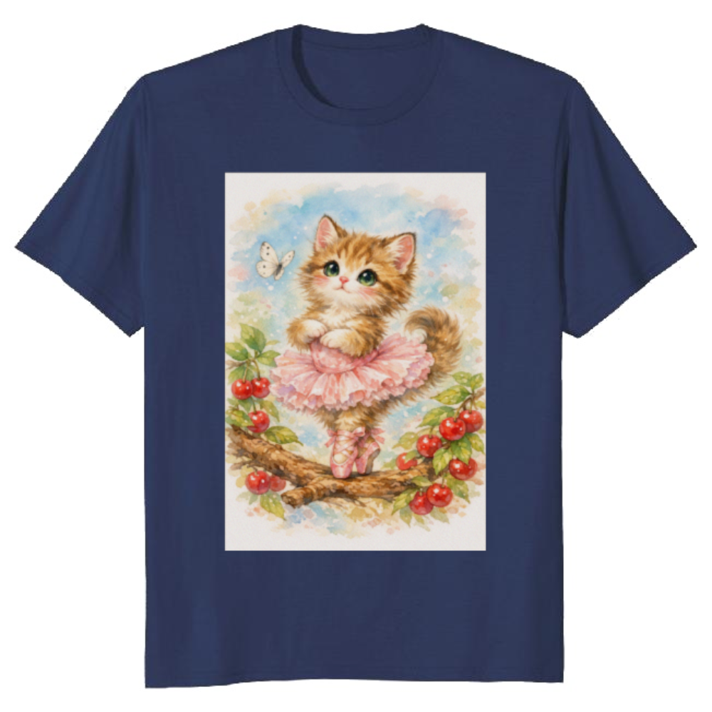 Kawaii Cat Ballerina Under Sakura Petals T-Shirt