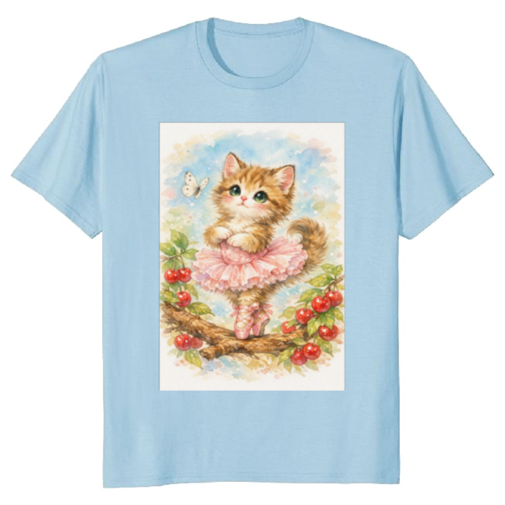 Kawaii Cat Ballerina Under Sakura Petals T-Shirt