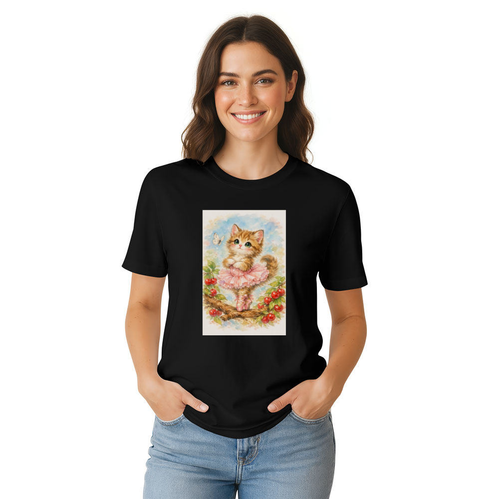 Kawaii Cat Ballerina Under Sakura Petals T-Shirt