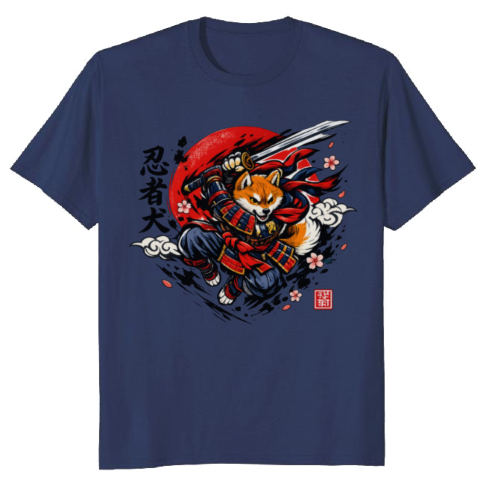 Manga Airborne Shiba Samurai in a Crimson Action Scene T-Shirt