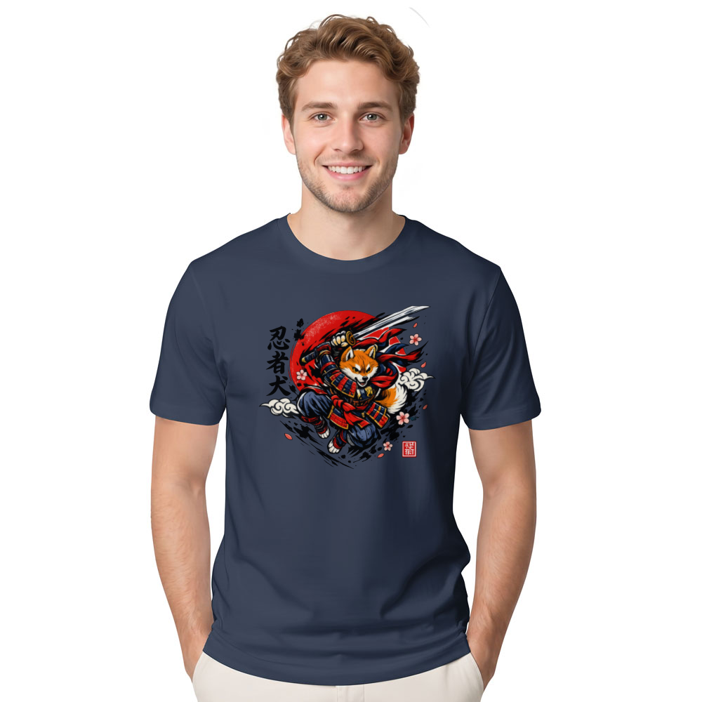 Manga Airborne Shiba Samurai in a Crimson Action Scene T-Shirt