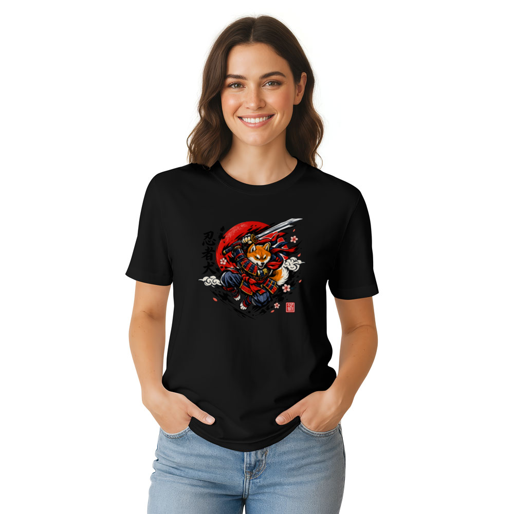 Manga Airborne Shiba Samurai in a Crimson Action Scene T-Shirt