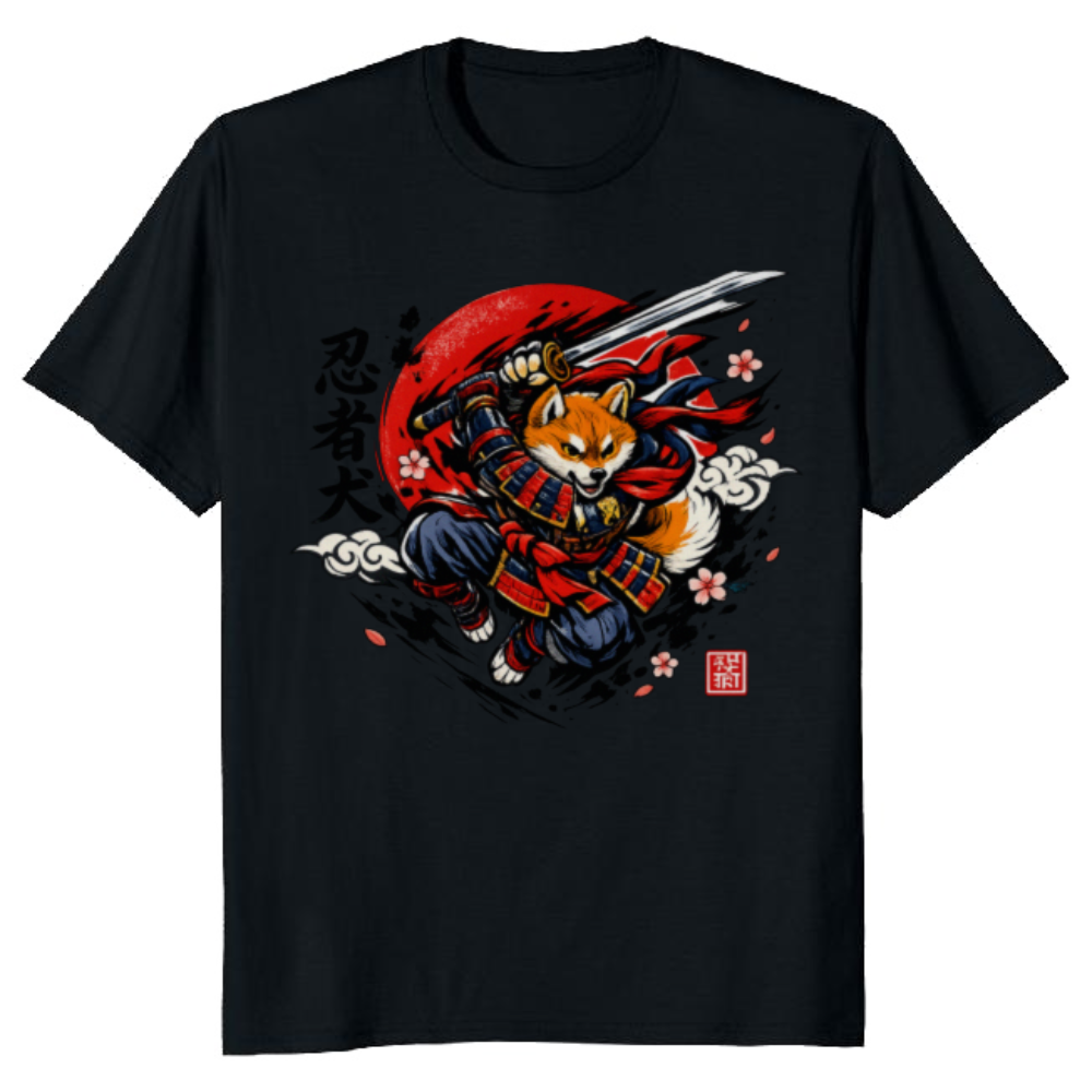 Manga Airborne Shiba Samurai in a Crimson Action Scene T-Shirt