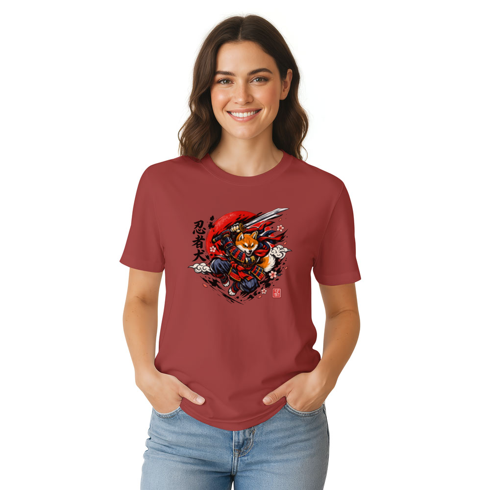 Manga Airborne Shiba Samurai in a Crimson Action Scene T-Shirt