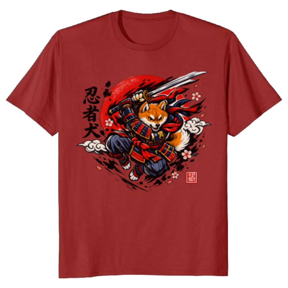 Manga Airborne Shiba Samurai in a Crimson Action Scene T-Shirt