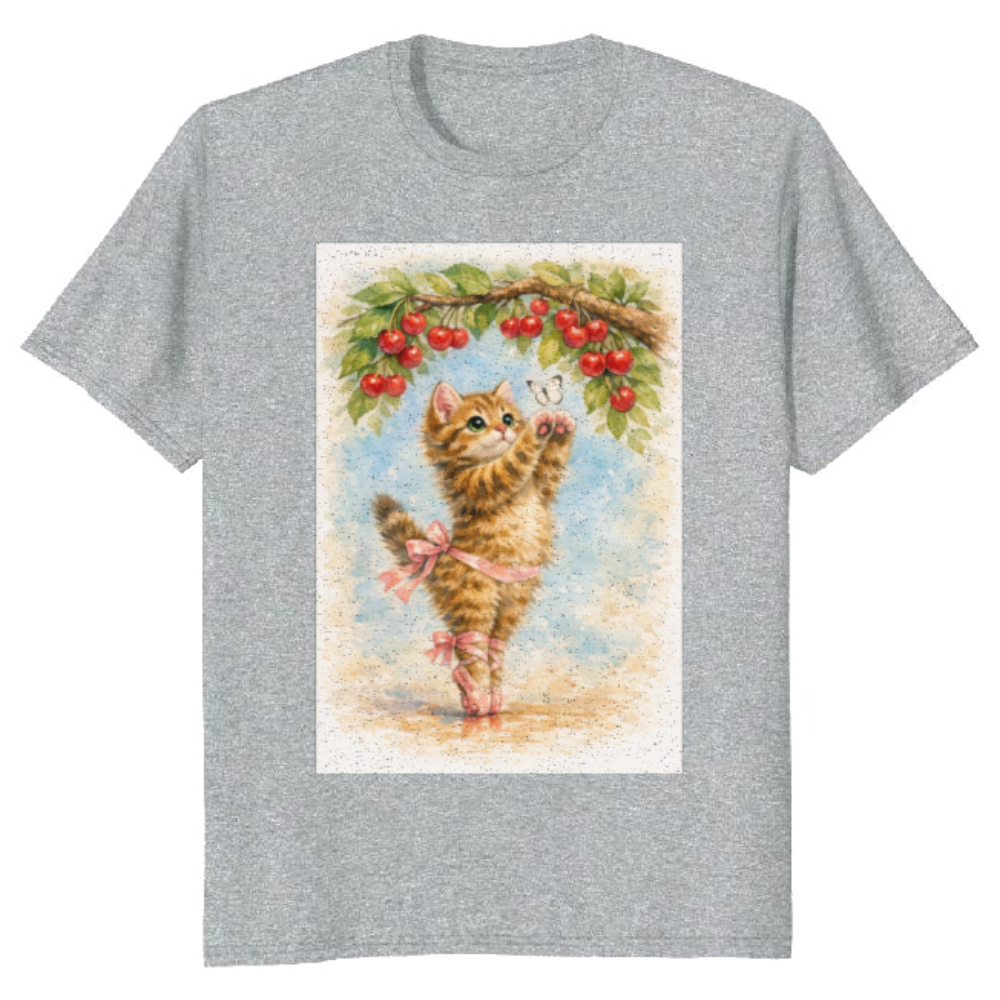 Kawaii Ballet Kitten En Pointe Under Cherry Blossoms T-Shirt