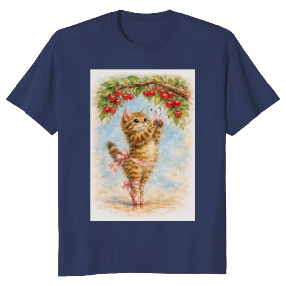 Kawaii Ballet Kitten En Pointe Under Cherry Blossoms T-Shirt
