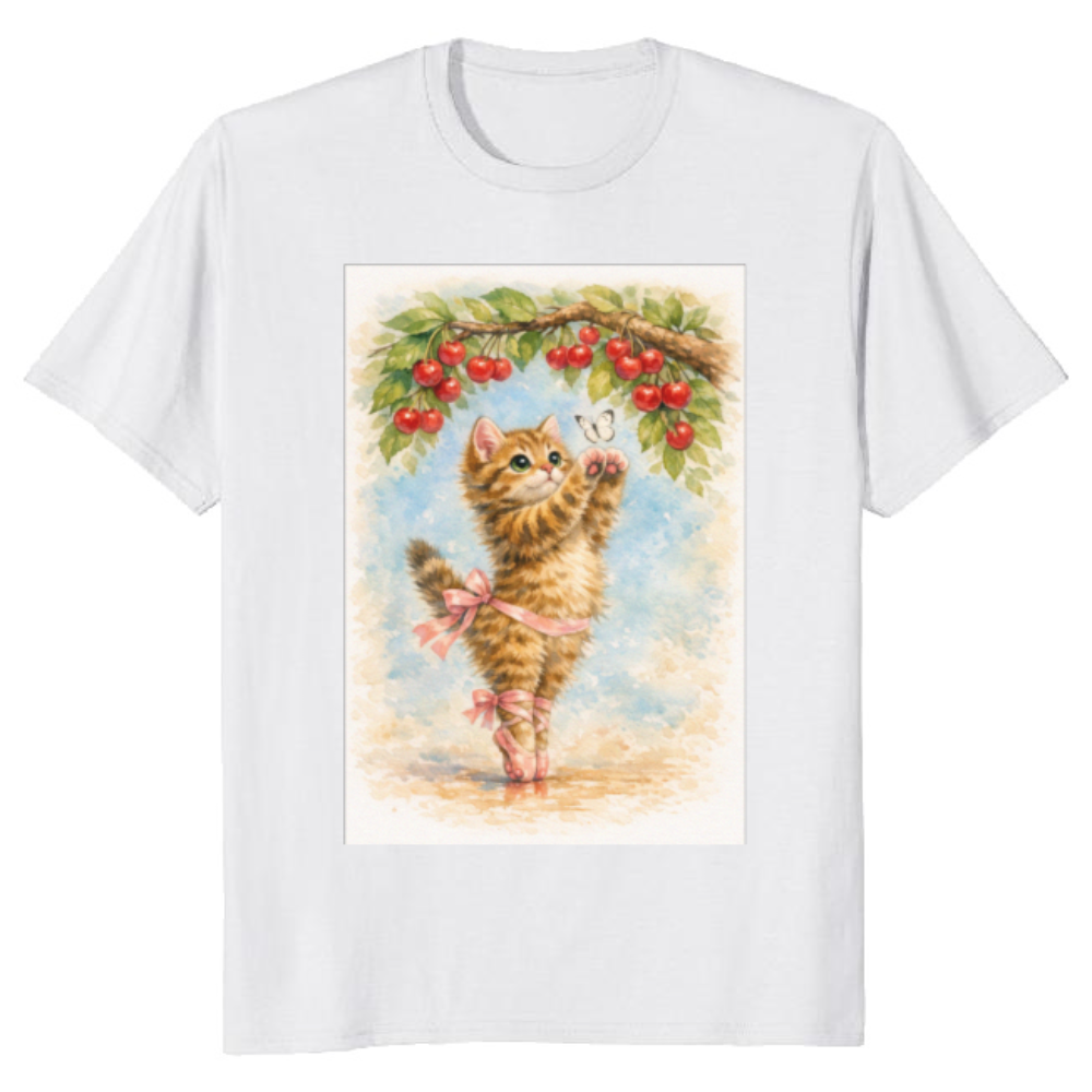 Kawaii Ballet Kitten En Pointe Under Cherry Blossoms T-Shirt