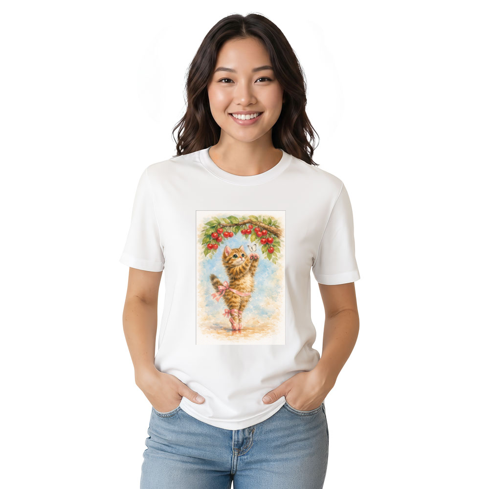 Kawaii Kitten En Pointe Beneath Cherry Blossoms Graphic T-Shirt