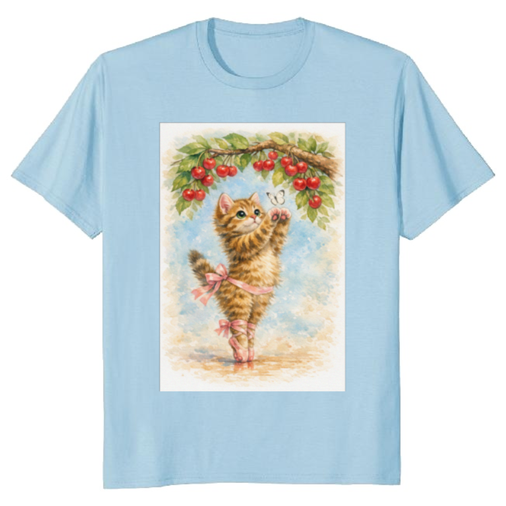 Kawaii Ballet Kitten En Pointe Under Cherry Blossoms T-Shirt
