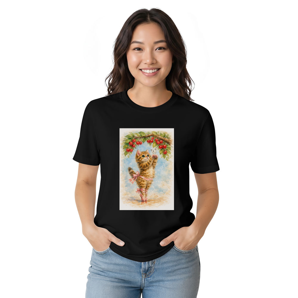 Kawaii Ballet Kitten En Pointe Under Cherry Blossoms T-Shirt