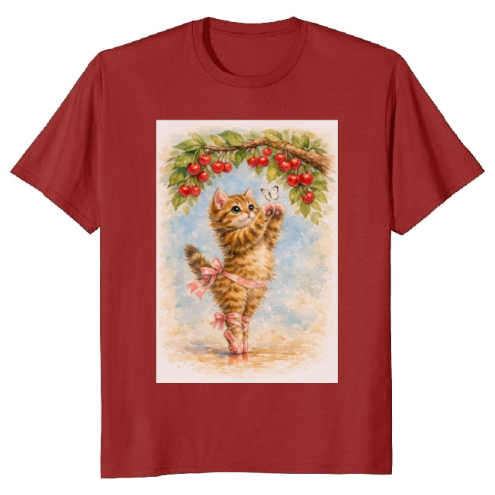 Kawaii Ballet Kitten En Pointe Under Cherry Blossoms T-Shirt