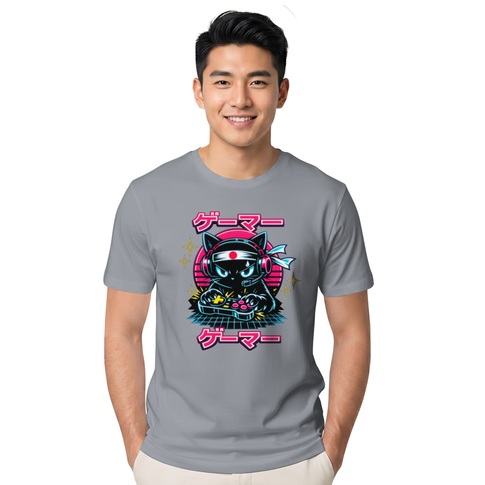 Anime Otaku Cat Neon Synthwave T-Shirt - Retro Anime Gamers