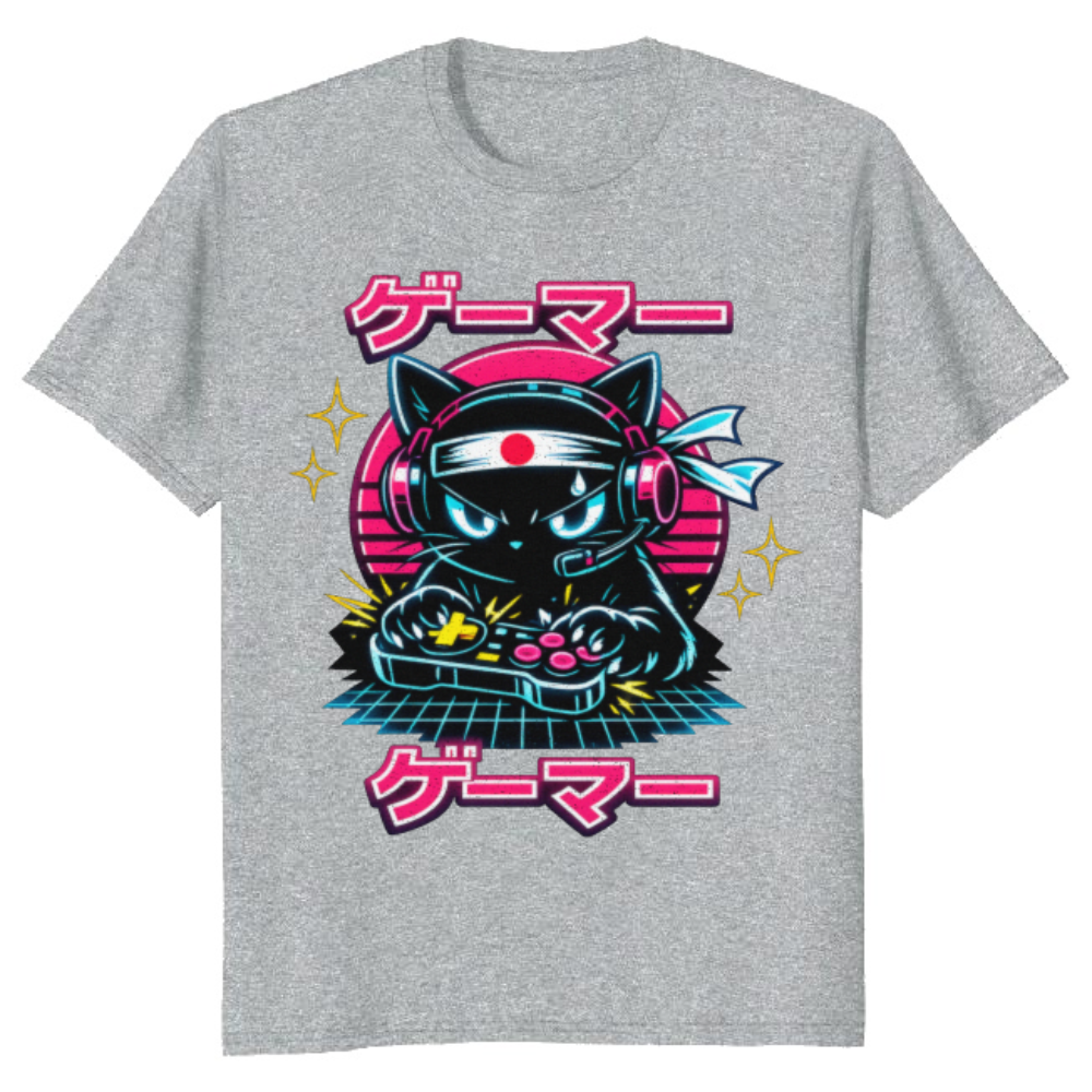 Anime Otaku Cat Neon Synthwave T-Shirt - Retro Anime Gamers