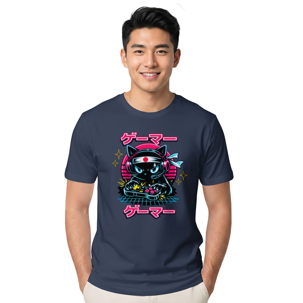 Anime Otaku Cat Neon Synthwave T-Shirt - Retro Anime Gamers