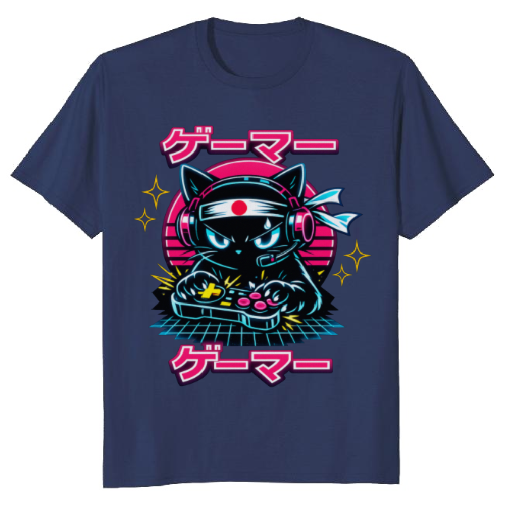 Anime Otaku Cat Neon Synthwave T-Shirt - Retro Anime Gamers