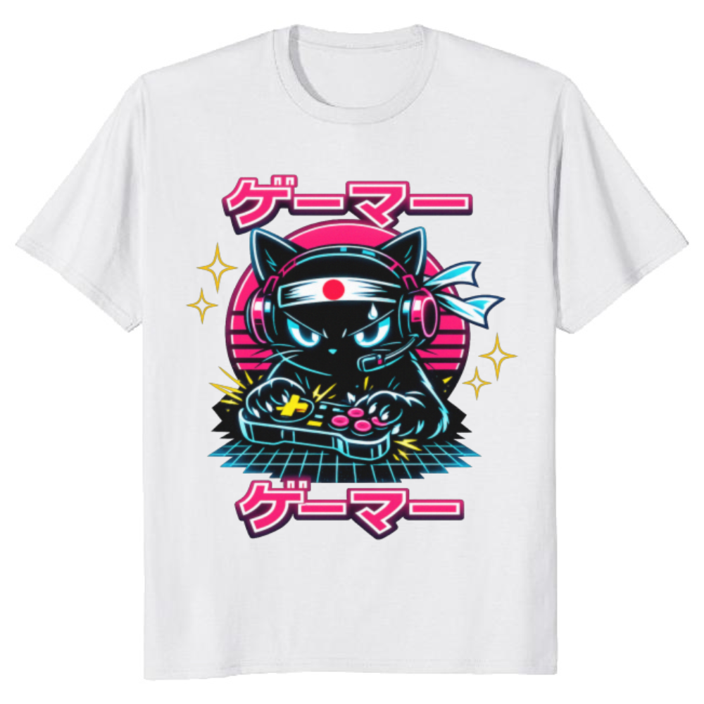 Anime Otaku Cat Neon Synthwave T-Shirt - Retro Anime Gamers