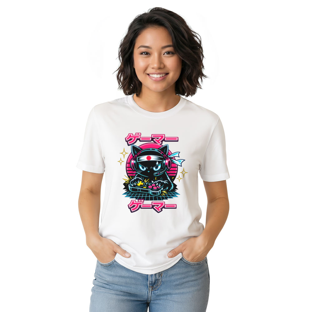 Synthwave Otaku Gamer Cat in a Digital Arcade Graphic T-Shirt