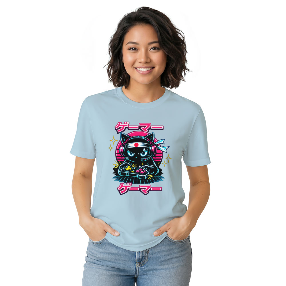 Anime Otaku Cat Neon Synthwave T-Shirt - Retro Anime Gamers