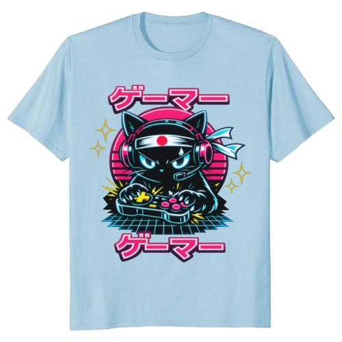 Anime Otaku Cat Neon Synthwave T-Shirt - Retro Anime Gamers