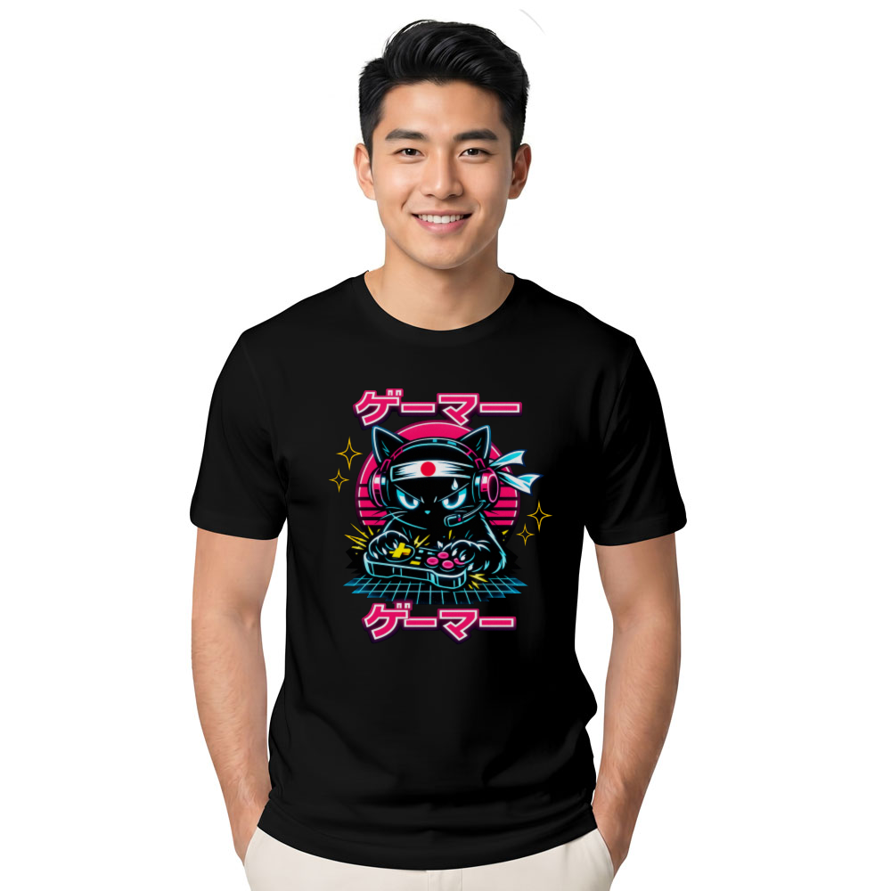 Synthwave Otaku Gamer Cat in a Digital Arcade Graphic T-Shirt