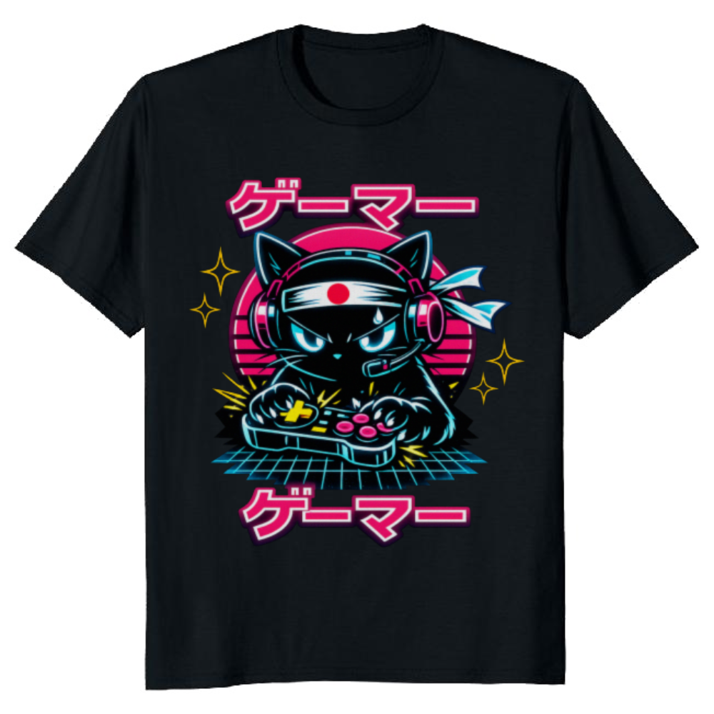 Synthwave Otaku Gamer Cat in a Digital Arcade Graphic T-Shirt