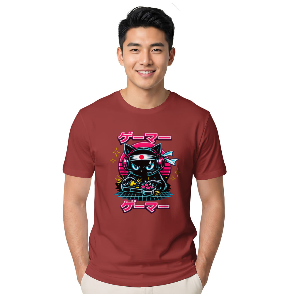 Anime Otaku Cat Neon Synthwave T-Shirt - Retro Anime Gamers