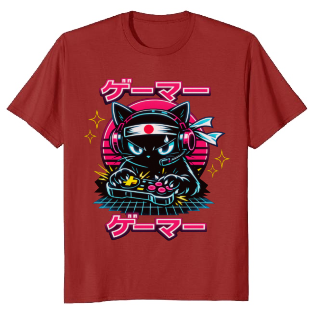 Anime Otaku Cat Neon Synthwave T-Shirt - Retro Anime Gamers
