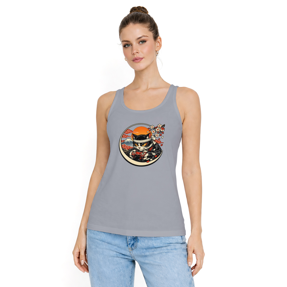 Ukiyo-e Otaku Neko Gamer Amid Rolling Waves Tank Top